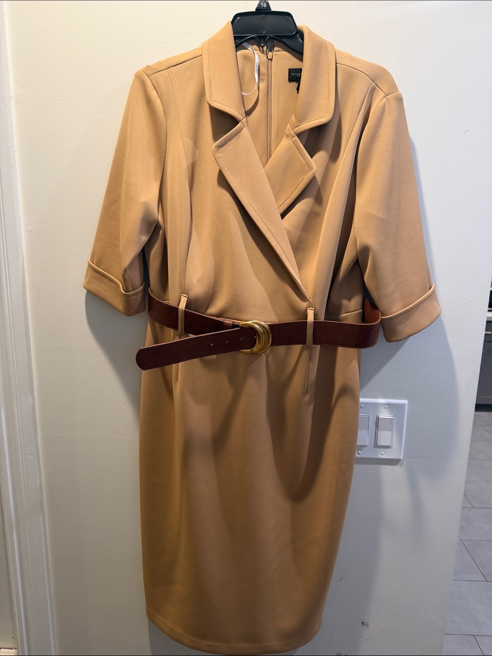 Donna Karan Camel Midi Sheath Dress with Brown Belt - Picture 4 of 4